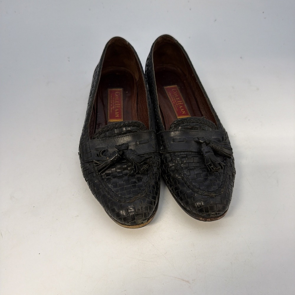 VTG COLE HAAN Country Moccasins Tassel Loafers Shoes Sz 8 B Black Woven ITALY